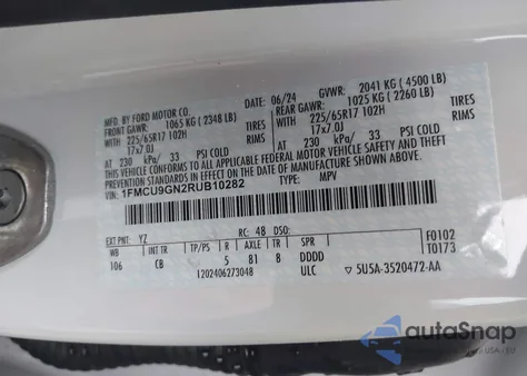 2024 Ford Escape Active из США, поврежденный, VIN 1FMCU9GN2RUB10282